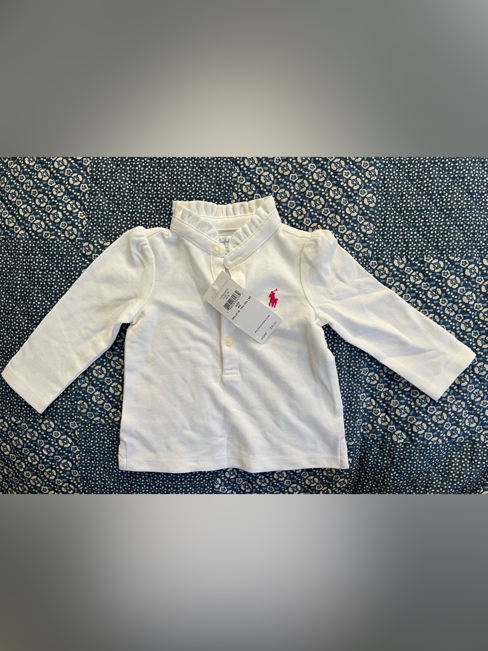 Ralph Lauren White Long-Sleeve Polo Top with Pink Pony Embroidery - size 6M